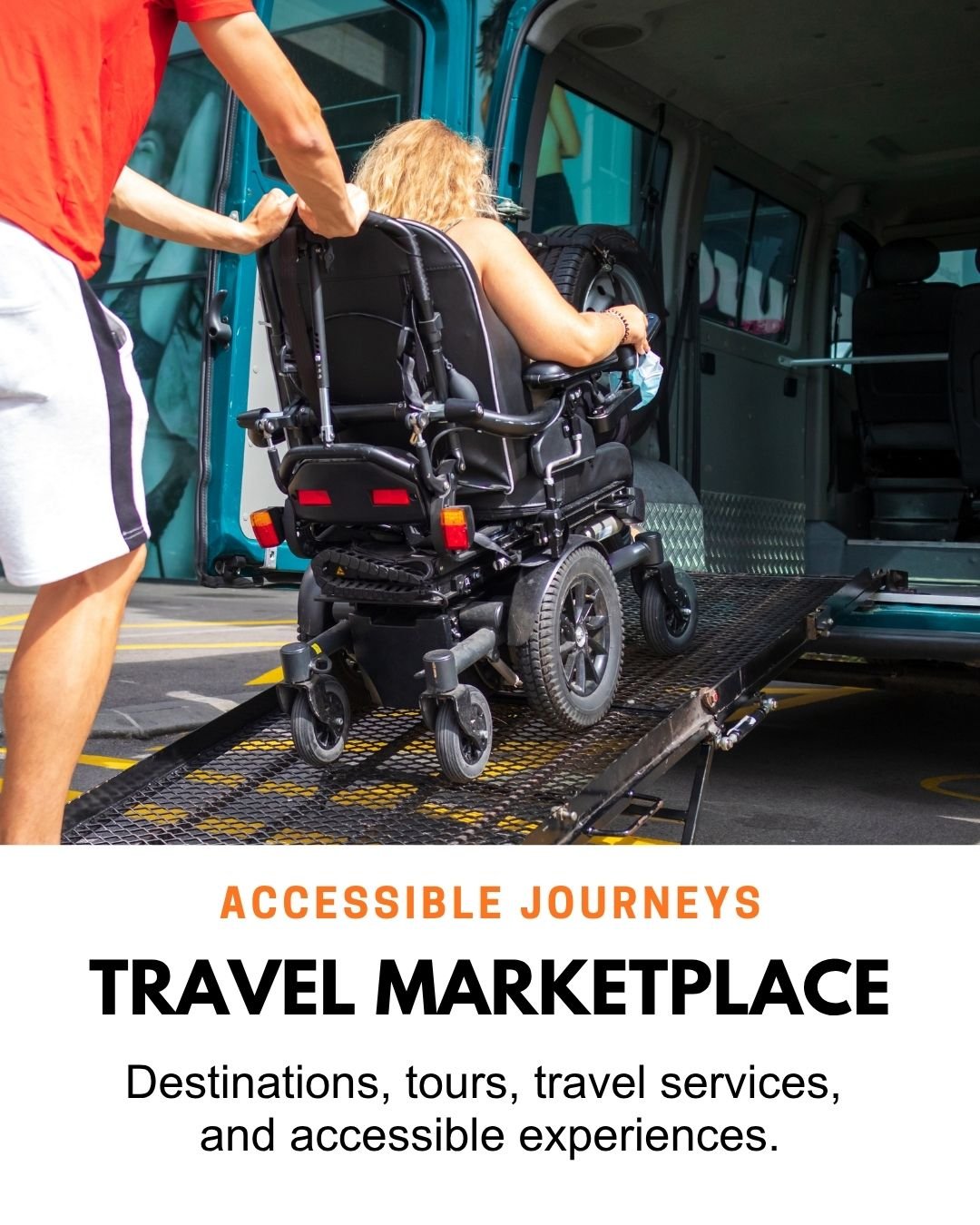 A person with long blonde hair in a black power wheelchair is guided up a metal ramp into the back of a teal accessible van, assisted by another person in a red shirt who pushes the handles from behind. The van's rear doors are open, revealing the interior.