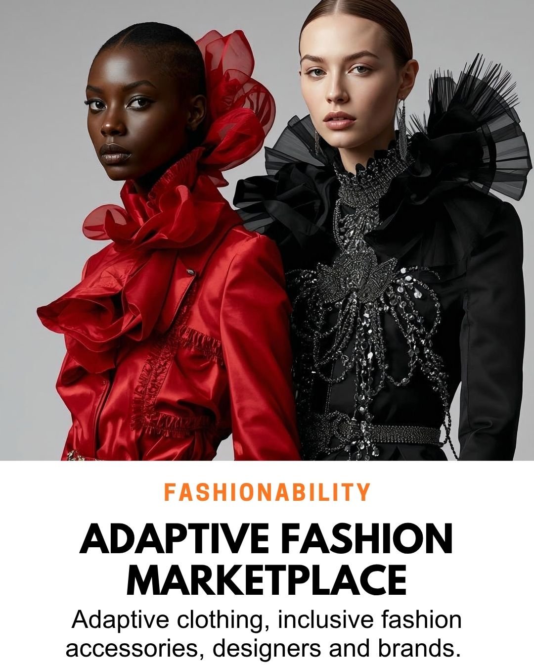 Two models pose against a plain gray background, one wearing a dramatic red satin outfit with a large ruffled tulle collar, the other wearing an ornate black gown with a sheer ruffled collar, sequined bodice detailing, and draped jewel embellishments.