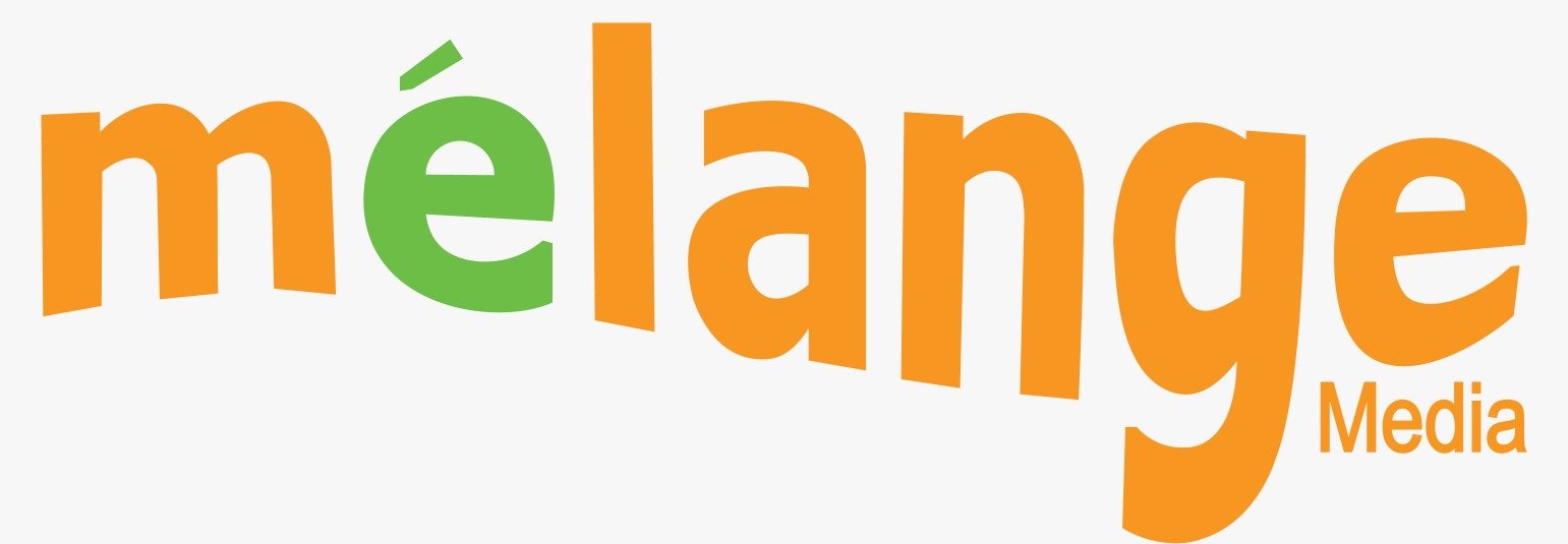Company logo featuring the word "mélange" in a bold, sans-serif font, styled in a subtle arc shape against a light grey background. The letter "é" stands out in a vibrant green color with a sharp acute accent mark, while the rest of the letters ("m", "l", "a", "n", "g", "e") are a warm orange. Tucked neatly beneath the final "ge" on the right side, the smaller word "Media" is written in the same orange, sans-serif typography.